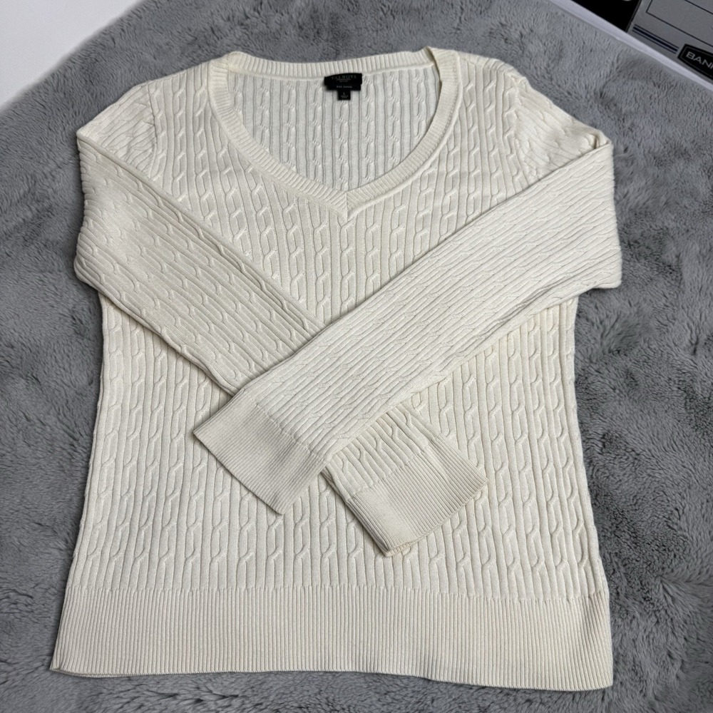 Talbots Petite Size Large 100%‎ Pima Cotton Sweater Ivory V-Neck Lightweight - Picture 12 of 16